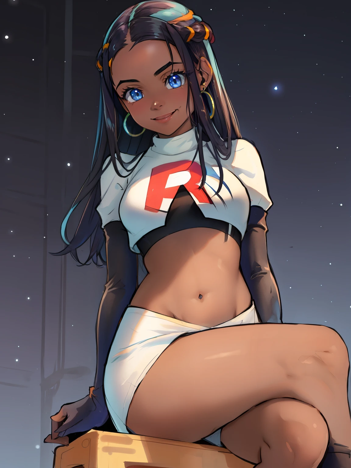 Nessa_Pokemon, 1girl, solo, dark skin, blue eyes, black hair, blue hair, two-tone hair, glossy lips, earings ,team rocket uniform, red letter R, white skirt,white crop top,black thigh-high boots, black elbow gloves, closed mouth, smile, looking down on viewer, sitting down ,legs crossed, night sky background