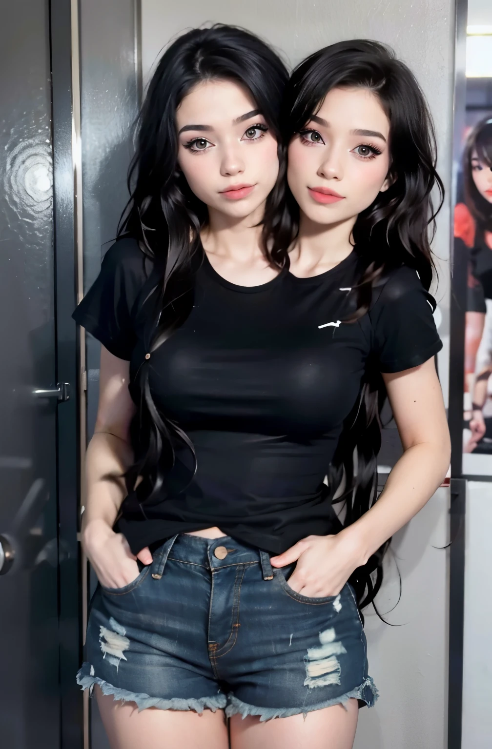  8k,highres, 1girl, (two_heads:1.2), indoors, looking at the viewer, wearing a black t-shirt and jeans, top with shorts, long hair, upper body, portrait