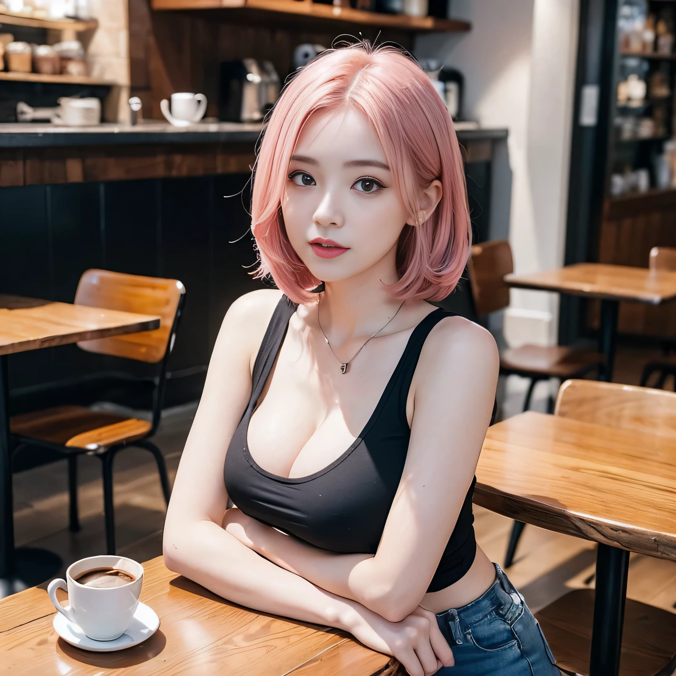 (realisitic、hight resolution:1.3)、1 girl with a perfect figure、Super thin face and eyes、shorth blonde-pink hair、Tank Tops:1 in random color.2、Short jeans、in a cafe、coffee on table、natural tits、Exposed cleavage