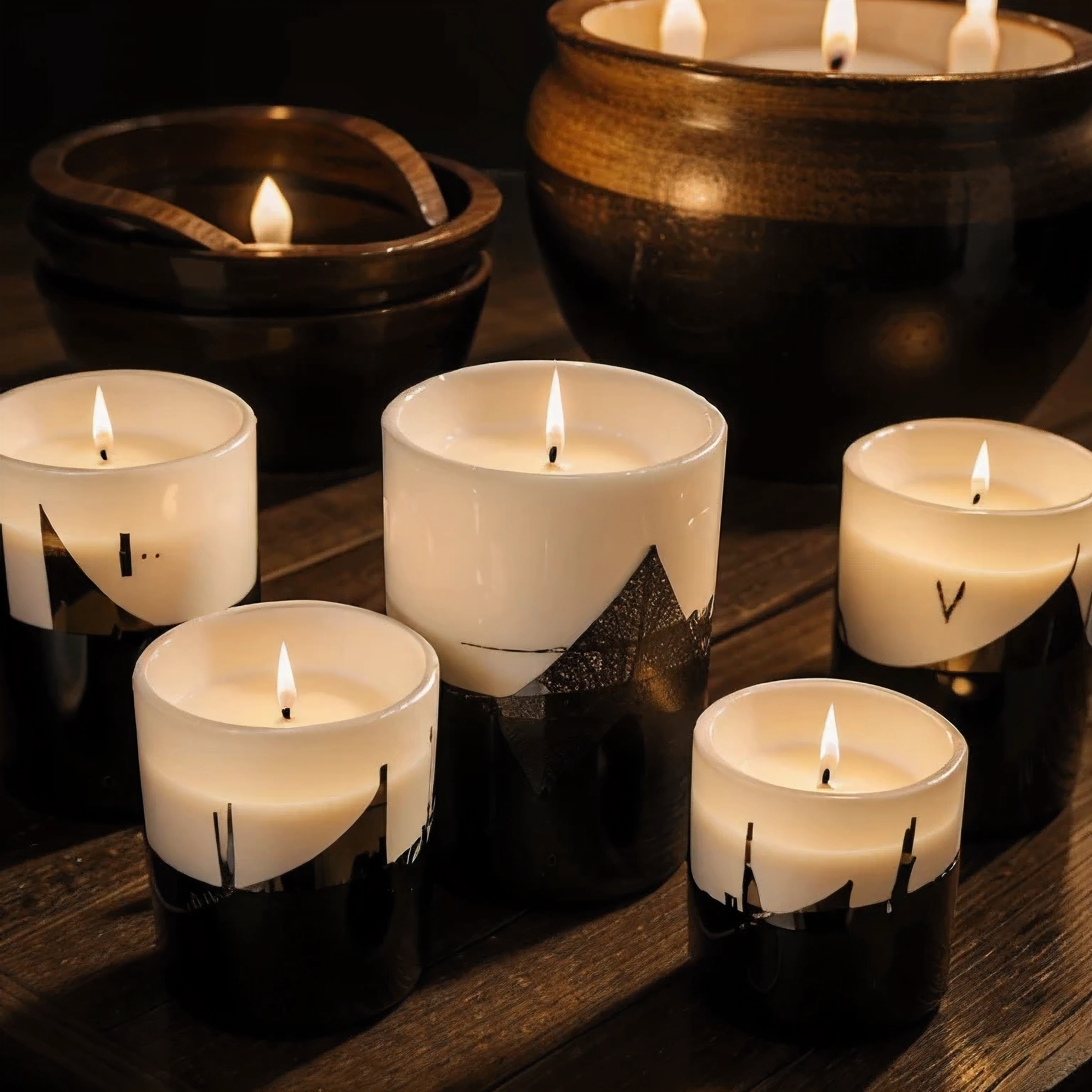 Detalle de unas velas que hay sobre una mesa de madera, The candles are on top of oval black ceramic containers with abstract drawings..