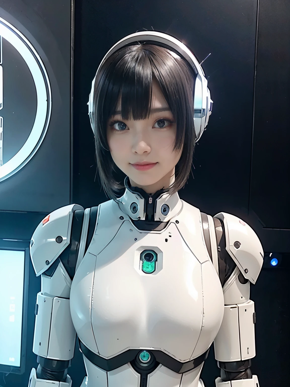 Girl in futuristic bright white heavy armored robot suit takes photo、perfect android Garota, gynoid cyborg body, mulher ciborgue de anime perfeita, Beautiful female android!, Female robot, fully robotic!! Garota, Cute cyborg Garota, cyber suit, girl with mecha cybernetic armor, cyber suit, beutiful white Garota cyborg, Beautiful female android, Beautiful Garota cyborg、Cute cyborg Garota with short bob hair、Modelo de gravura android menina bonita、(Um sorriso)、((Rounded white solid armor))、(((Antenas de sensor longas em ambas as orelhas)))、(((robot girl)))、(((Meninas bonitas Android)))、