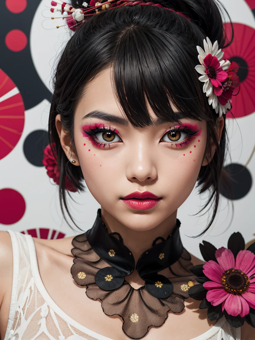 an abstract image of a japanese girl with colorful make up, centered around polka dot theme