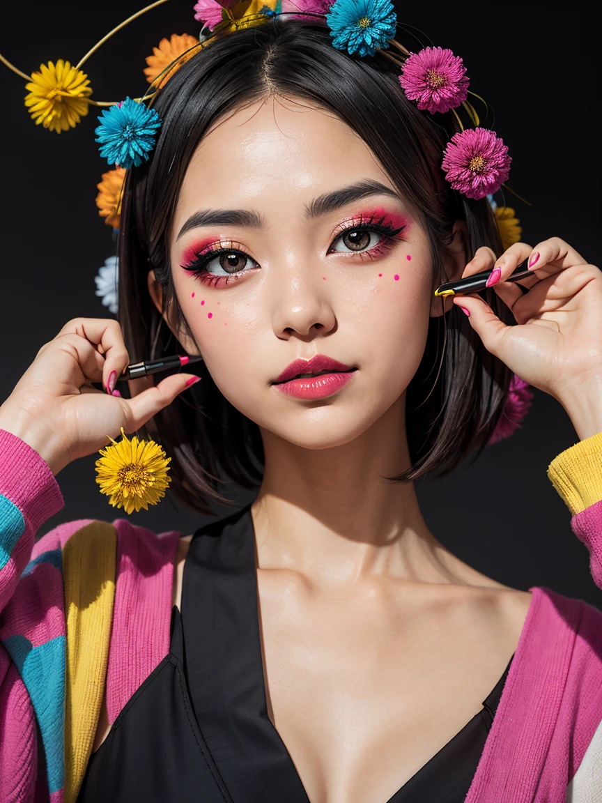 an abstract image of a japanese girl with colorful make up, centered around polka dot theme