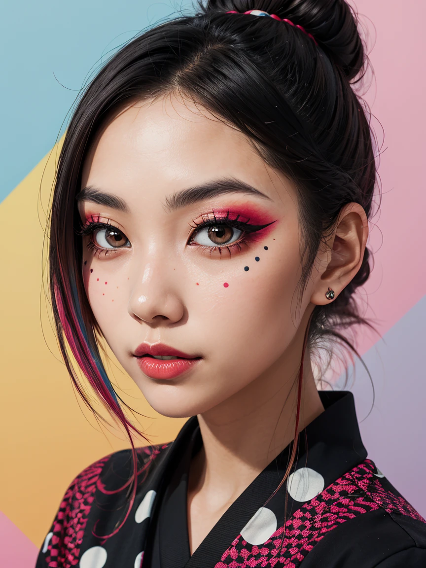 an abstract image of a japanese girl with colorful make up, centered around polka dot theme