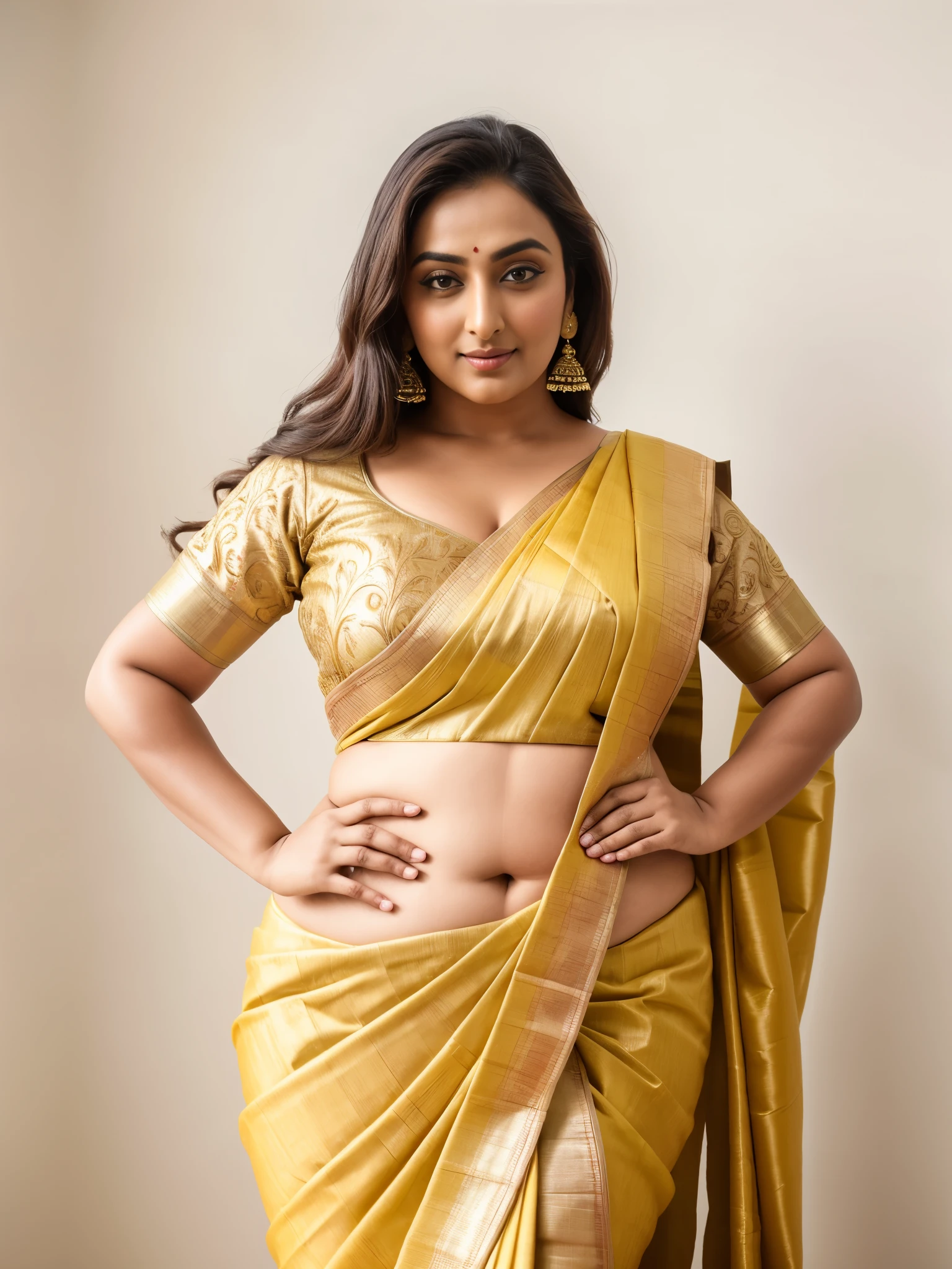 Foto RAW, photorealistic, photography, full body shot, master shot, perfect eyes, goddess like beauty, pierced eyes, perfect thick chubby mallu Desi aunty bhabhi, Wearing a Stanapatta, a chest-band.Saree model, model Photography, Indian saree shoot, Indian traditional wear advertising photography, traditional wear brand shoot, face of Indian actress Sonakshi Sinha, masterpiece, realistic, realism, incredible details, pleasure, photorealism, detailed skin, skin pores, high contrast, photorealistic Artstation 8k HD digital art trend of high definition and detailed realistic skin texture, ultra detail, realistic skin texture, armature, best quality, ultra high definition, (photorealistic:1.4),, high resolution, detail, raw photo, sweat, Re sharp, by Lee Jefferies Nikon D850 Film Stock Photo 4 Kodak Portra 400 Camera F1.6 Lens Rich Color Ultra Real Realistic Realistic Textures Dramatic Lighting Unreal Engine Trending at Art Station Cinestill 800,(pele altamente detalhada: 1.2), 8k UHD, DSLR, soft-lighting, alta qualidade, grain of film, Fujifilm XT3,she didn't like to wear blouse or bra, she is happy to wear only saree, she hates blouse or bra, detailed hairy armpits,