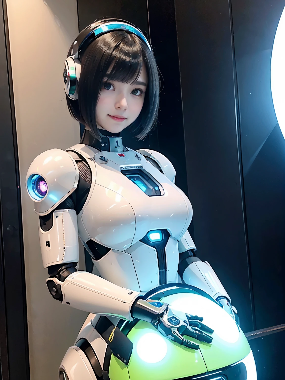 Girl in futuristic bright white heavy armored robot suit takes photo、perfect android Garota, gynoid cyborg body, mulher ciborgue de anime perfeita, Beautiful female android!, Female robot, fully robotic!! Garota, Cute cyborg Garota, cyber suit, girl with mecha cybernetic armor, cyber suit, beutiful white Garota cyborg, Beautiful female android, Beautiful Garota cyborg、Cute cyborg Garota with short bob hair、Modelo de gravura android menina bonita、(Um sorriso)、((Rounded white solid armor))、(((Antenas de sensor longas em ambas as orelhas)))、(((robot girl)))、(((Meninas bonitas Android)))、