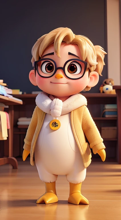 A baby penguin full body golden colour. Wearing a eyeglass like teaching