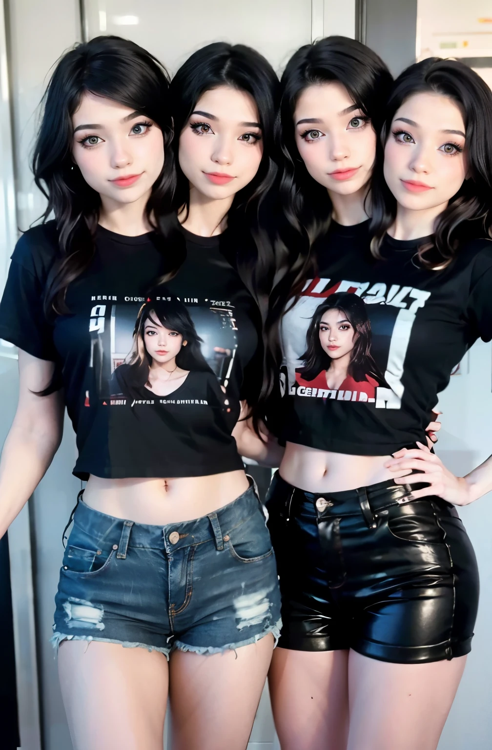  8k,highres, 1girl, (two_heads:1.2), indoors, looking at the viewer, wearing a black t-shirt and jeans, top with shorts, long hair, upper body, portrait