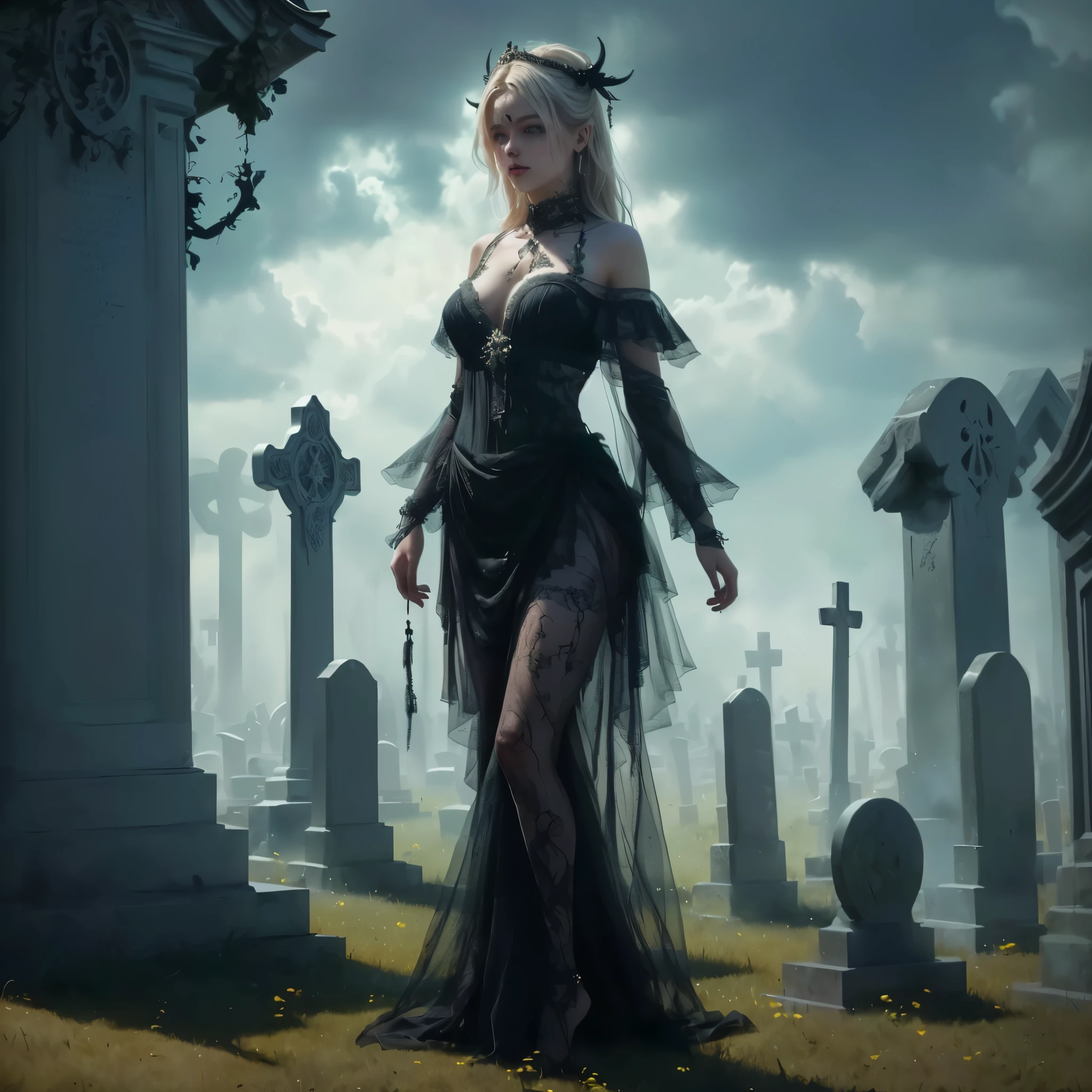 (best quality,4k,8k,highres,masterpiece:1.2),ultra-detailed, Finnish Goddess Kalma, Alexa, zombie woman, legs made of smoke, legs surrounded by smoke, floating on smoke. in a cemetery surrounded by graves, watching over the sheep, drawn in the style of Yoshitaka Amano, HDR, 8k, absurdres, cinestill 800, sharp focus, add_detail:2 (1woman, solo)