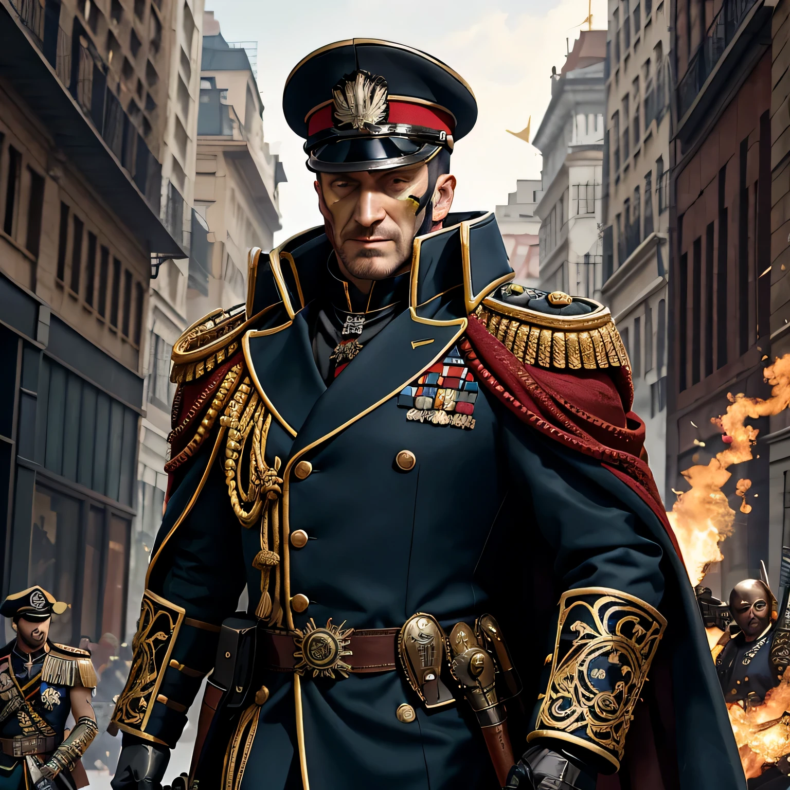Generate high resolution, imagem impecavelmente detalhada do ator David Thewlis no universo Warhammer 40k, portraying him as a mercenary king adorned in an elaborate costume inspired by the Commissioner. Garantir a riqueza visual do traje, combining the ornate design with the militaristic essence of the Warhammer 40k setting. Capture the presence of David Thewlis as a commanding ruler, exuding royal authority and the battle-hardened demeanor of a leader who faces the dark challenges of this dystopian sci-fi world. Prioritize accuracy, Perfect image quality to emphasize the intricate details of characters' costumes and expressions. The man is very thin.