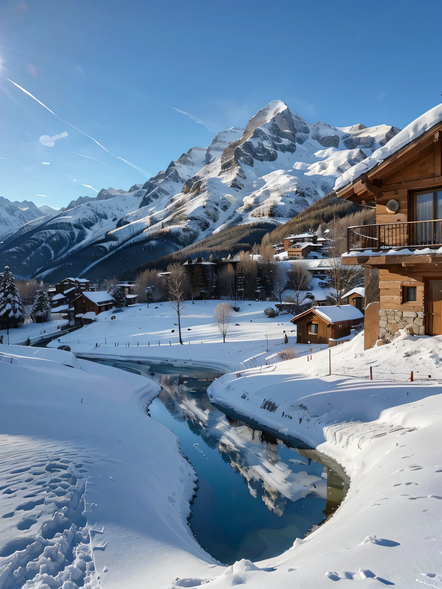 The photo shows a beautiful winter view from a mountain refuge. The refuge is located on a snow-covered hill, from which it dominates the entire valley below. The camera is positioned on the balcony of the refuge, facing south. The shot is wide and includes the blue sky, the snow-capped mountain peaks in the distance and the small Italian mountain village that sits in the center of the valley. The village is made up of stone and wooden houses, with sloping roofs covered in snow. The church with the bell tower and the main square are also notable. The sunlight illuminates the landscape, creating reflections on the snow and shadows on the mountainsides. The atmosphere is calm and silent, there is an air of peace and serenity. The photo conveys a sense of wonder and admiration for the beauty of nature.