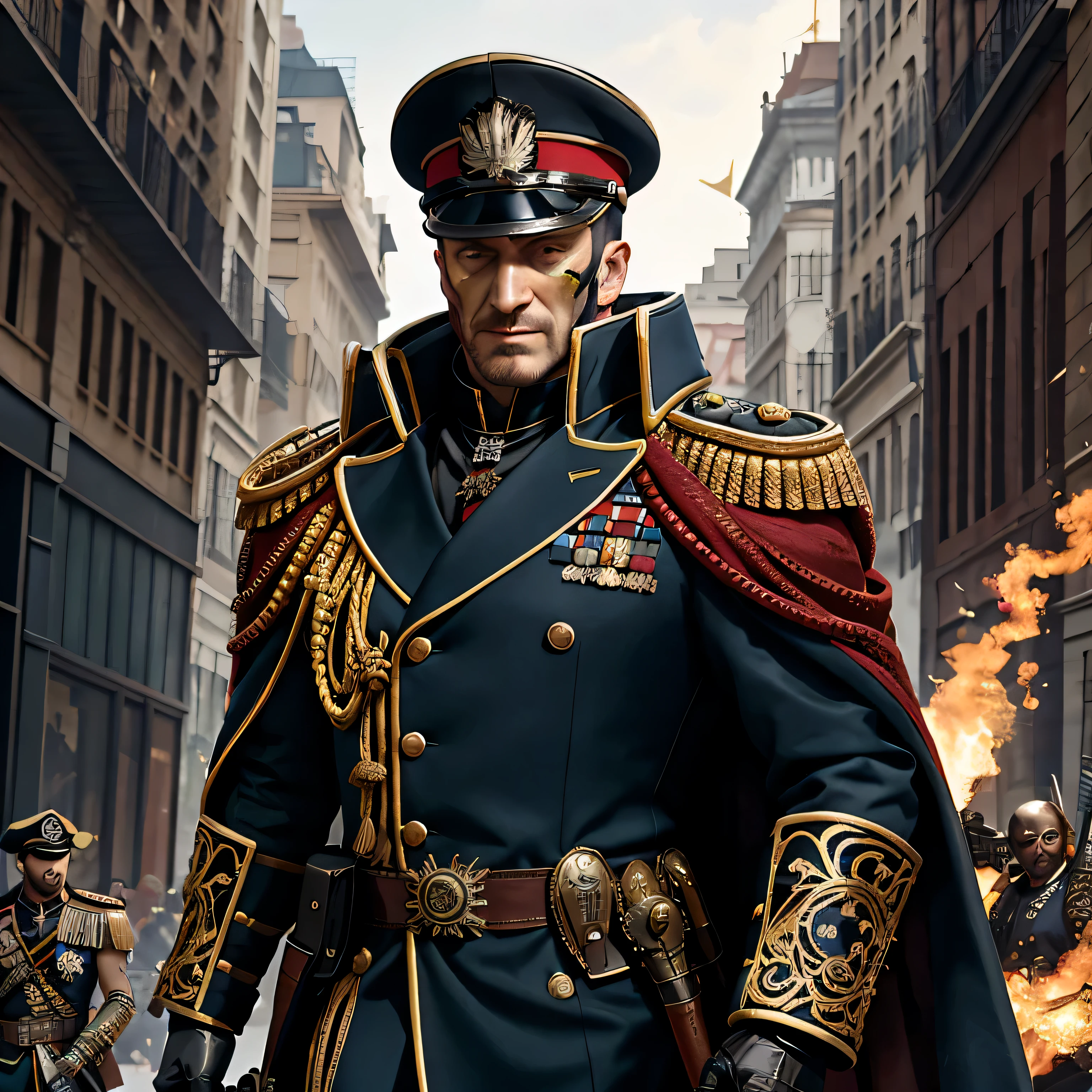 Generate high resolution, imagem impecavelmente detalhada do ator David Thewlis no universo Warhammer 40k, portraying him as a mercenary king adorned in an elaborate costume inspired by the Commissioner. Garantir a riqueza visual do traje, combining the ornate design with the militaristic essence of the Warhammer 40k setting. Capture the presence of David Thewlis as a commanding ruler, exuding royal authority and the battle-hardened demeanor of a leader who faces the dark challenges of this dystopian sci-fi world. Prioritize accuracy, Qualidade de imagem perfeita para enfatizar os detalhes intrincados dos personagens' costumes and expressions. The man is very thin.