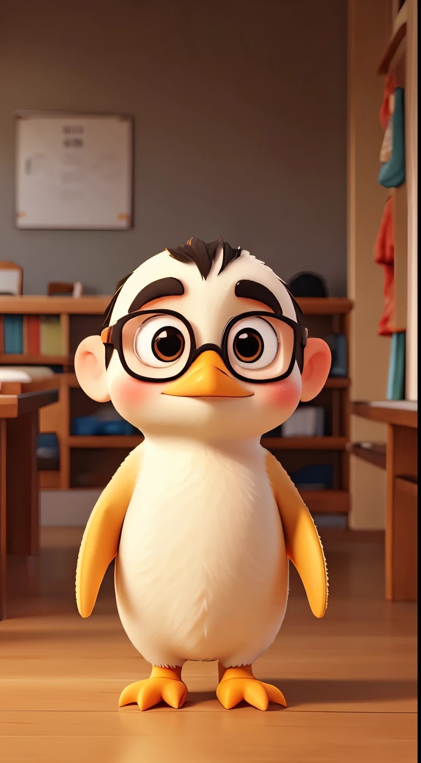 A baby penguin full body golden colour. Wearing a eyeglass like teaching