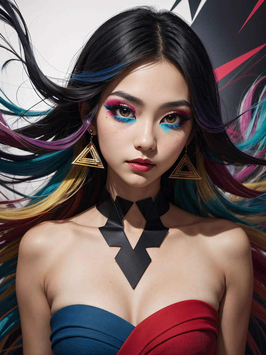 an abstract image of a japanese girl with colorful make up, colorful long hair, centered around geometric shapes theme