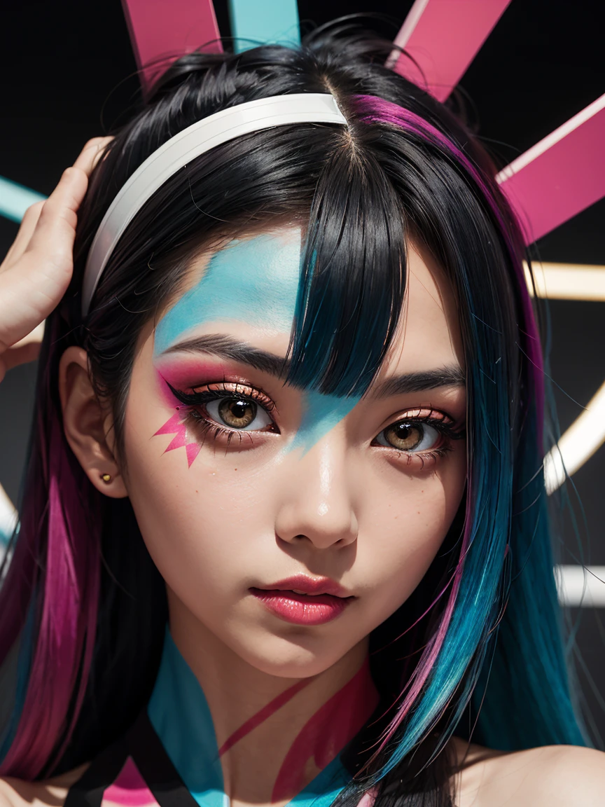 an abstract image of a japanese girl with colorful make up, colorful long hair, centered around geometric shapes theme