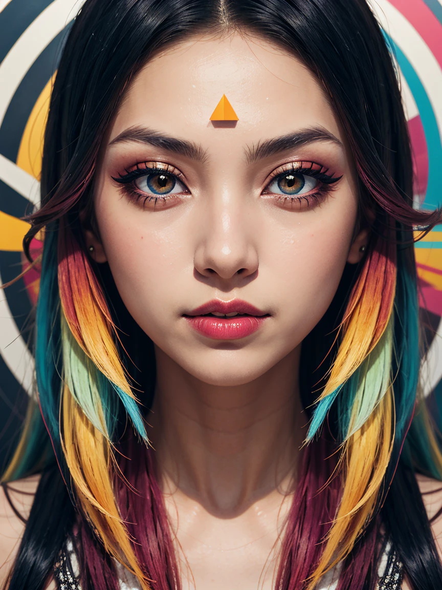 an abstract image of a japanese girl with colorful make up, colorful long hair, centered around geometric shapes theme