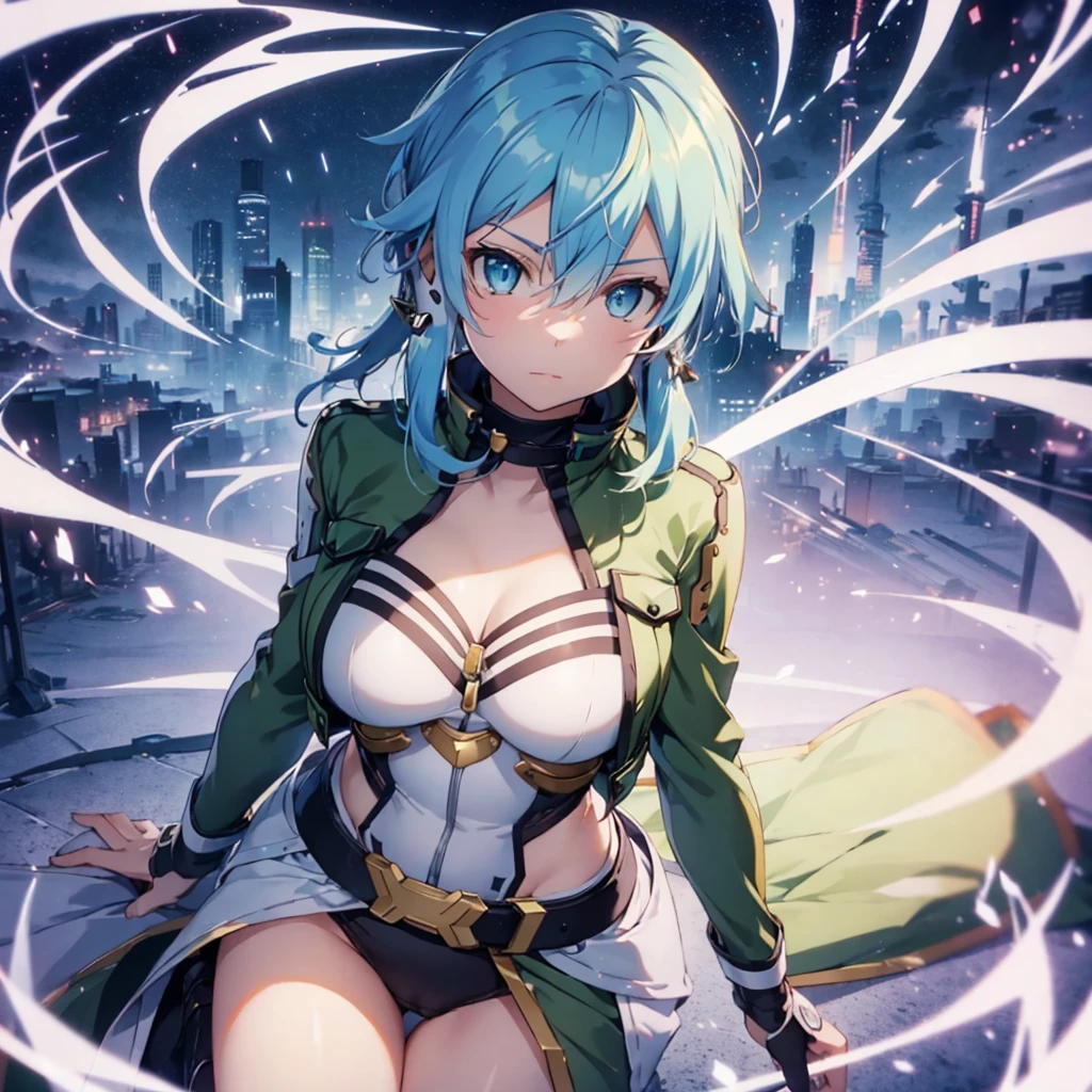 (Masterpiece, best quality, ultra detailed), (perfect anatomy, detailed beautiful soft skin:1.2, ), (enormous breasts, cleavage, cute hips, thin waist), (ultra detailed realistic soft breast skin texture:1.5, focus breast, closeup breast), sinon, sword art online style , jacket