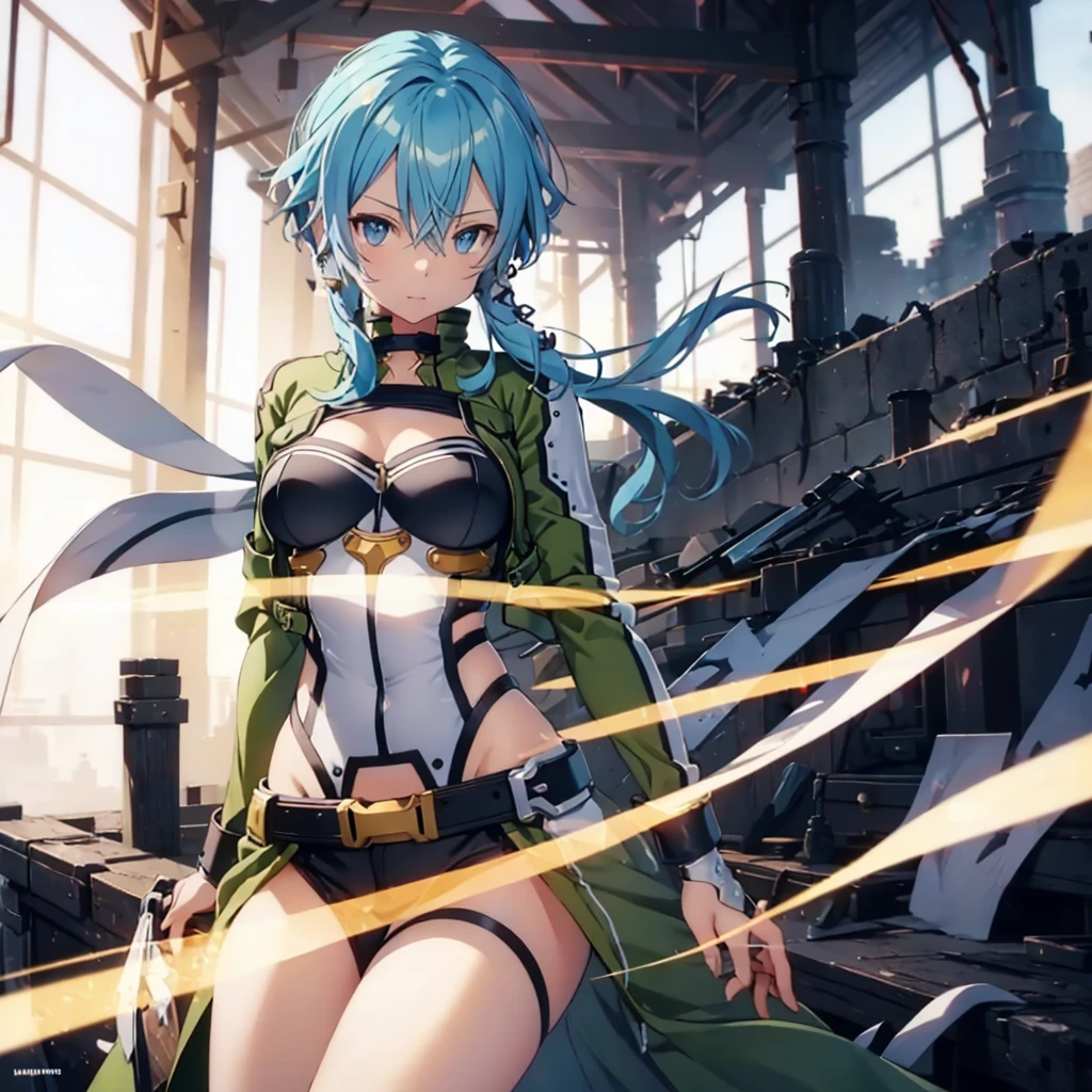 (Masterpiece, best quality, ultra detailed), (perfect anatomy, detailed beautiful soft skin:1.2, ), (enormous breasts, cleavage, cute hips, thin waist), (ultra detailed realistic soft breast skin texture:1.5, focus breast, closeup breast), sinon, sword art online style , jacket
