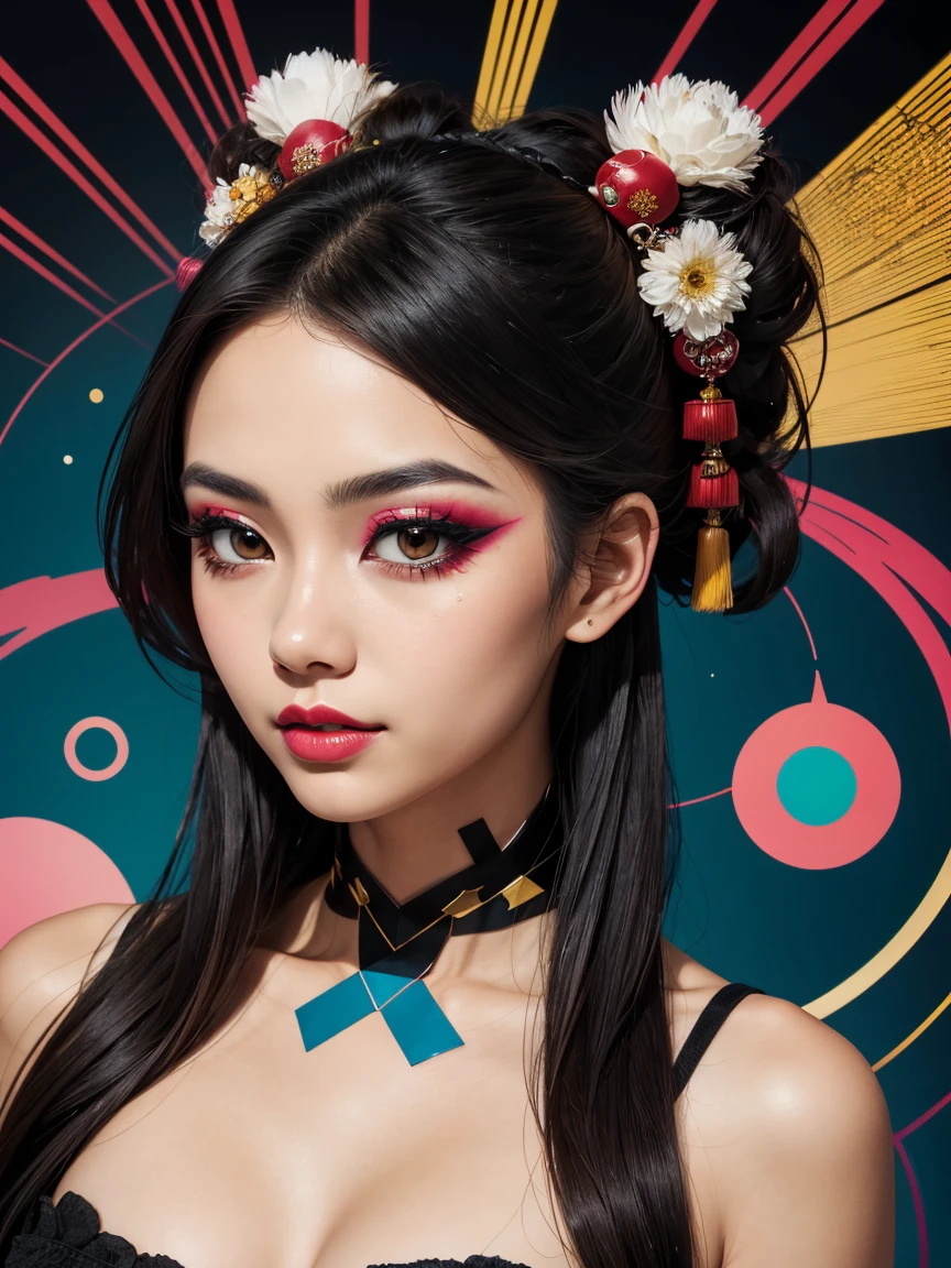 an abstract image of a beautiful japanese girl with colorful make up, colorful long hair, centered around geometric shapes