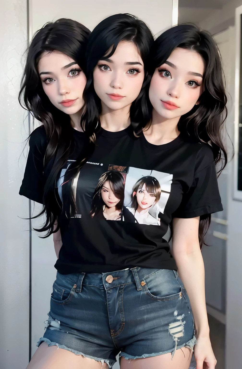  8k,highres, 1girl, (two_heads:1.2), indoors, looking at the viewer, wearing a black t-shirt and jeans, top with shorts, long hair, upper body, portrait