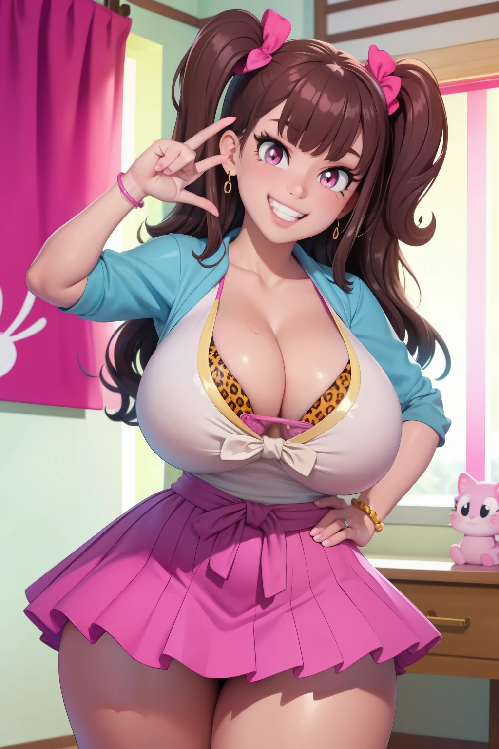 big lips, dark brown hair, pink eyes, japanese face, gyaru, two side up, huge breasts, wide hips, sexy, pink theme, kawaii, detailed, pink room, decora, bangs, grin, gyaru outfit, kawaii, pleated skirt, cleavage, huge boobs, gigantic boobs, dynamic pose, dynamic angle, evil grin, leopard print