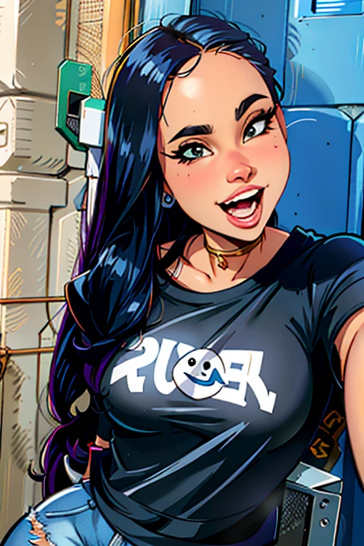mulher arafa com longos cabelos negros vestindo uma camisa de jesus, camiseta molhada, imagem de perfil, Alanis Guillen, Isabela Moner, modelo do instagram, LIMPAR IMAGEM, foto oficial do produto, selfie de uma jovem, ela tem cerca de 16 anos, she is wearing streetwear, linda e sorridente, ela tem dentes brancos perfeitos, Mulher fofa