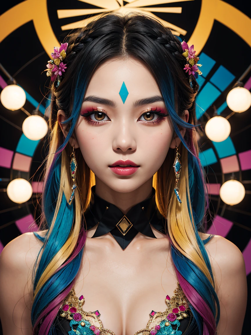 an abstract image of a beautiful Korean girl with colorful make up, colorful long hair, centered around geometric shapes
