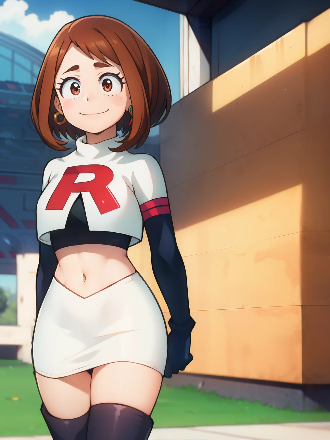 ochaco_uraraka, glossy lips, earings ,team rocket uniform, red letter R, white skirt,white crop top,black thigh-high boots, black elbow gloves, closed mouth, kind smile, embarrassed, blushing  