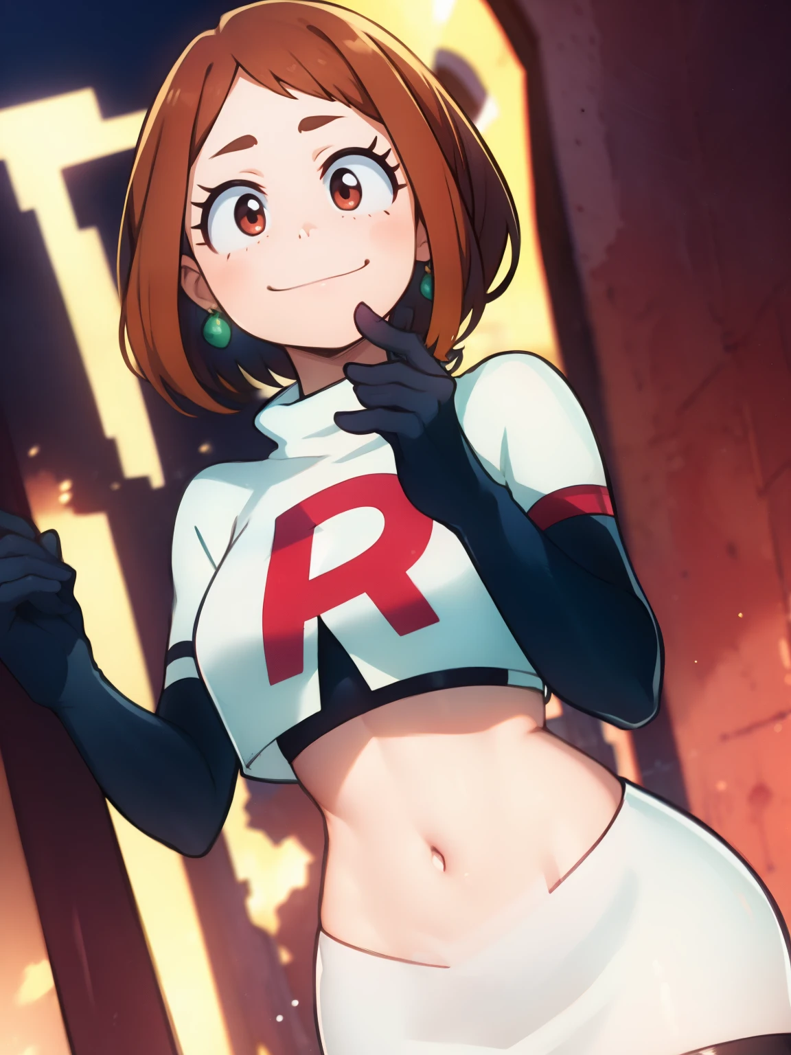 ochaco_uraraka, glossy lips, earings ,team rocket uniform, red letter R, white skirt,white crop top,black thigh-high boots, black elbow gloves, closed mouth, kind smile, embarrassed, blushing