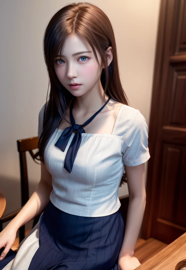 8K, top quality, table top:1.2), (realistic, Photoreal:1.37), top quality, table top, beautiful young woman, pensive expression,、attractive、and an inviting look, cute maid clothes, tie hair back, movie background, pale skin