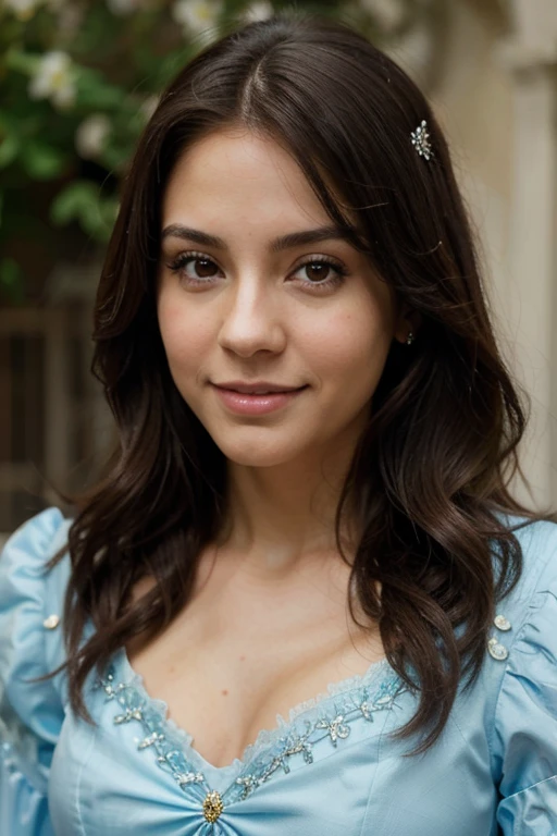 Cinderella, joven, real, ojos claros, ,pelo largo, retrato real, bonita, cuerpo entero,sonriente, vestido alegre