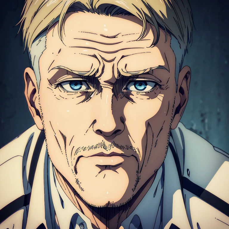 (best quality,4k,8k,highres,masterpiece:1.2),ultra-detailed,(realistic,photorealistic,photo-realistic:1.37),portraits,mappa art style, 45 old male character,light blue eyes,short blonde hair,split hairstyle,he is also slim, black suit,distinguished look,sharp jawline,wisdom-filled eyes,stubble beard ,some wrinkles on forehead and cheeks , neutral expression