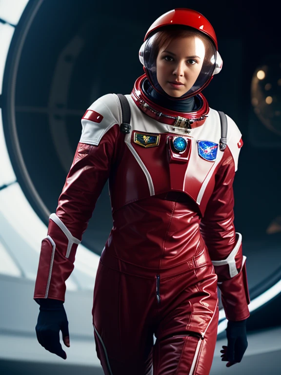 Super realistic image, high quality uhd 8K, of 1 girl, astronaut, realistically detailed, ((slim body, highly detailed)), (tall model), redhead, long ginger hair, highly detailed realistic skin, (((tight red futuristic astronaut armor suit, astronaut futuristic helmet, armor astronaut))), walking on a planet, exploring, very bright colors, standing