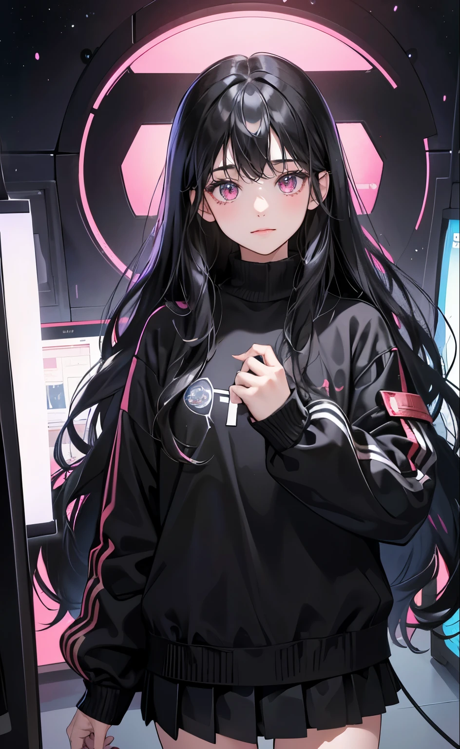 (8k, best quality, masterpiece),girl，Bangs，long black hair，wavy_hairs，Black Sweater，skirt，pink eyes，
Turn on the computer, science fiction computer, blue light，Sky，I only have 1,500 star coins left in my optical brain account，This is my only wealth after rebirth。，future world，