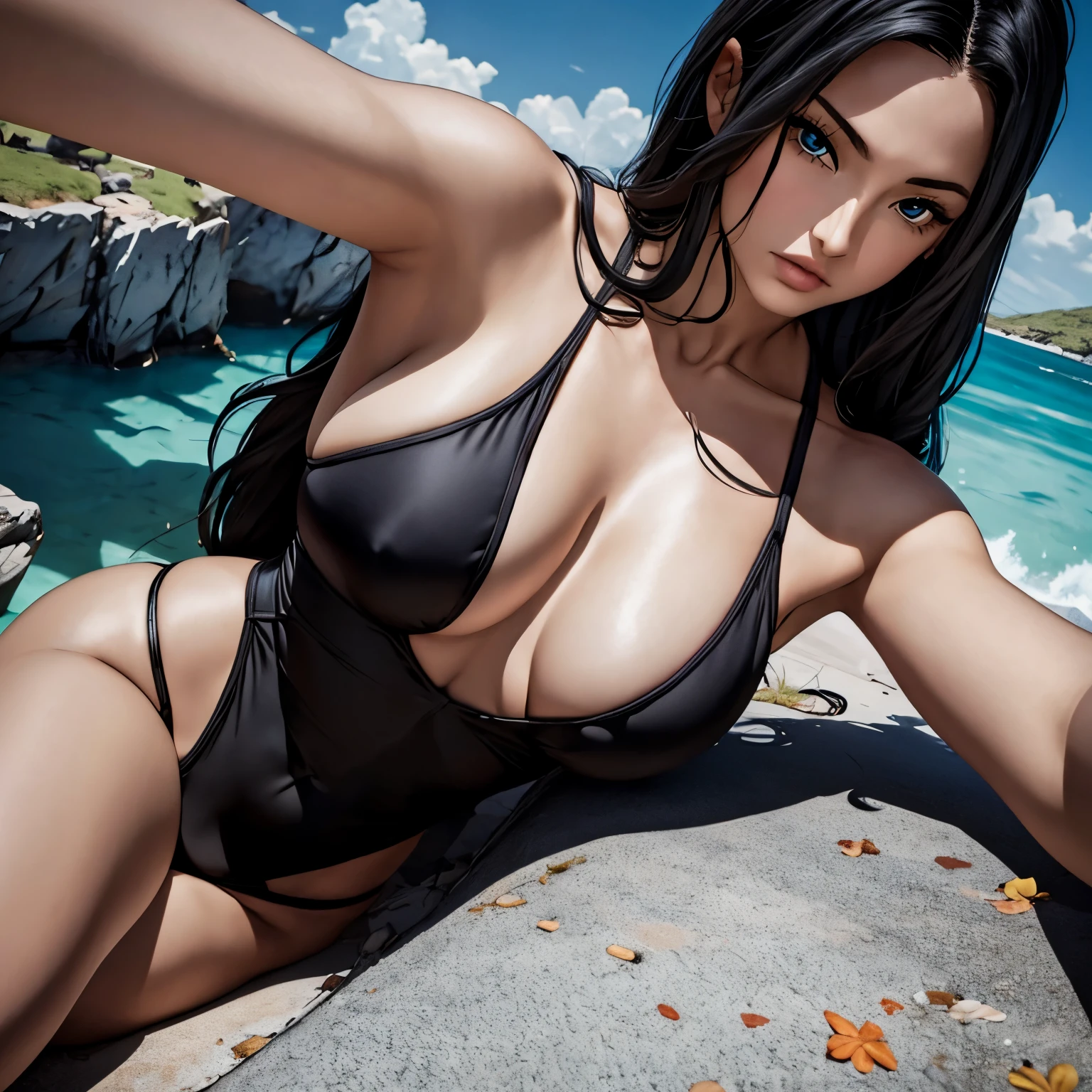 black hair, 1girl, beautiful face, beautiful eyes,long_hair,wearing black swim suit,