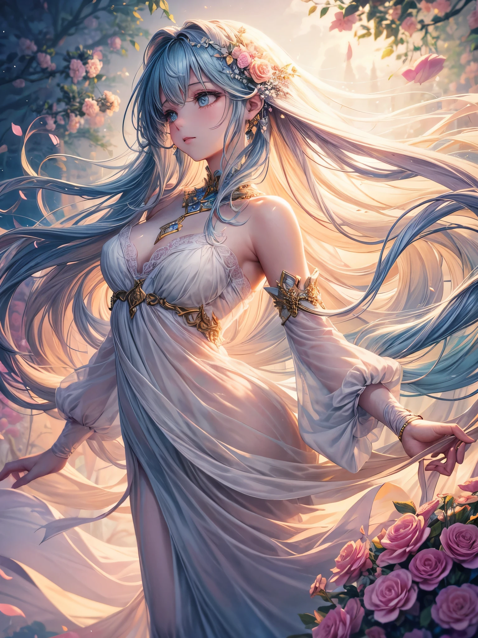 soft lighting, dreamy atmosphere, ethereal aesthetic, fantasy theme, nature elements, floral background, delicate details, flowing hair, whimsical pose, vibrant colors