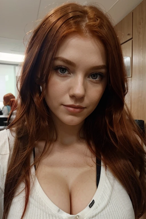 Da ist eine Frau mit roten Haaren und einem schwarzen Minirock, with red hair and green eyes, red-haired girl, cute young red-haired girl, red-haired girl, roter Kopf, portrait of a red-haired girl, mit lockigen roten Haaren, beautiful young model, beautiful portrait lighting, sie ist rothaarig, Girl with red hair, eine rothaarige junge Frau, flowing reddish-brown hair, red-haired goddess, in the office, drink coffee
