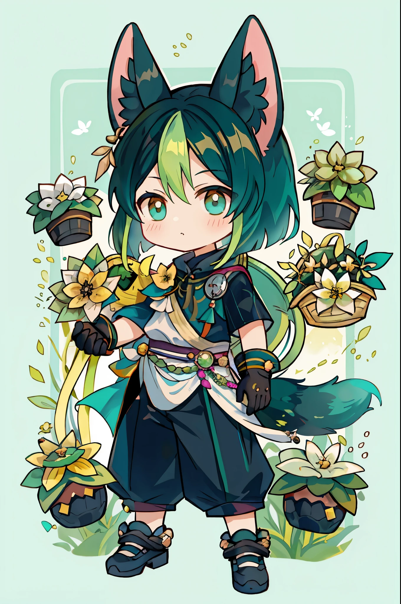 1 male chibi boy solo, ((chibi)), black and green hair, teal eyes, animal ears, animal tail, tighnari genshin impact, white and ckack clothes, yellow flower brooch, dark wide pants, black gloves