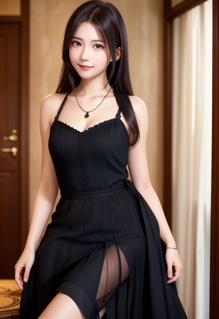 8K, top quality, table top:1.2), (realistic, Photoreal:1.37), top quality, table top, beautiful young woman, pensive expression,、attractive、and an inviting look, gothic lolita clothes、black gothic lolita skirt、 tie hair back, movie background, Natural color lip for pale skin, bold sexy pose,smile、20 year old girl、cute、sexy shot looking at camera、stand、Take a picture of the whole body、Hotel、brightness of room lighting、necklace、bracelet、black eyes、high resolution、High definition、Super detailed、like the photo、