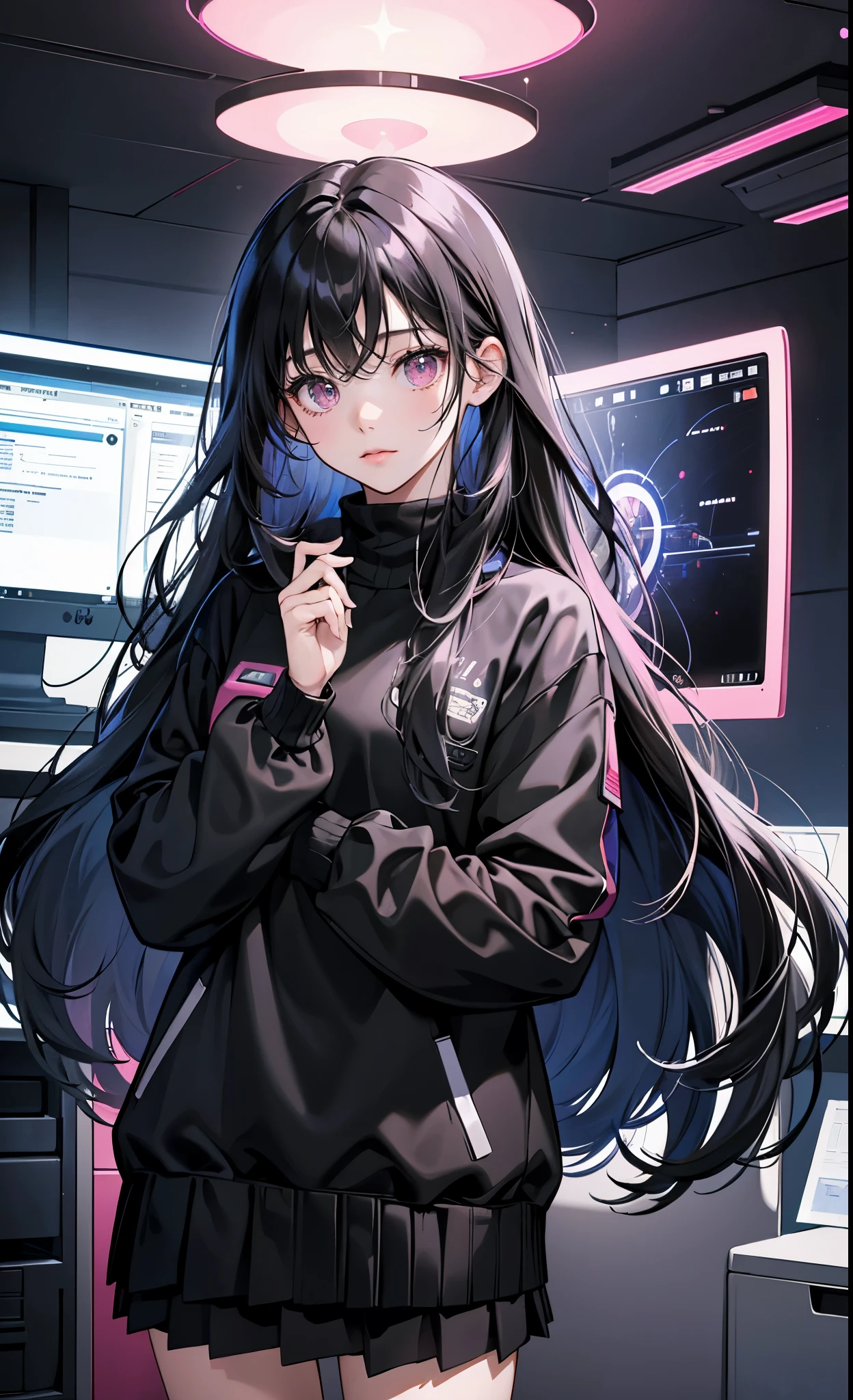 (8k, best quality, masterpiece),girl，Bangs，long black hair，wavy_hairs，Black Sweater，skirt，pink eyes，
Turn on the computer, science fiction computer, blue light，Sky，I only have 1,500 star coins left in my optical brain account，This is my only wealth after rebirth。，future world，