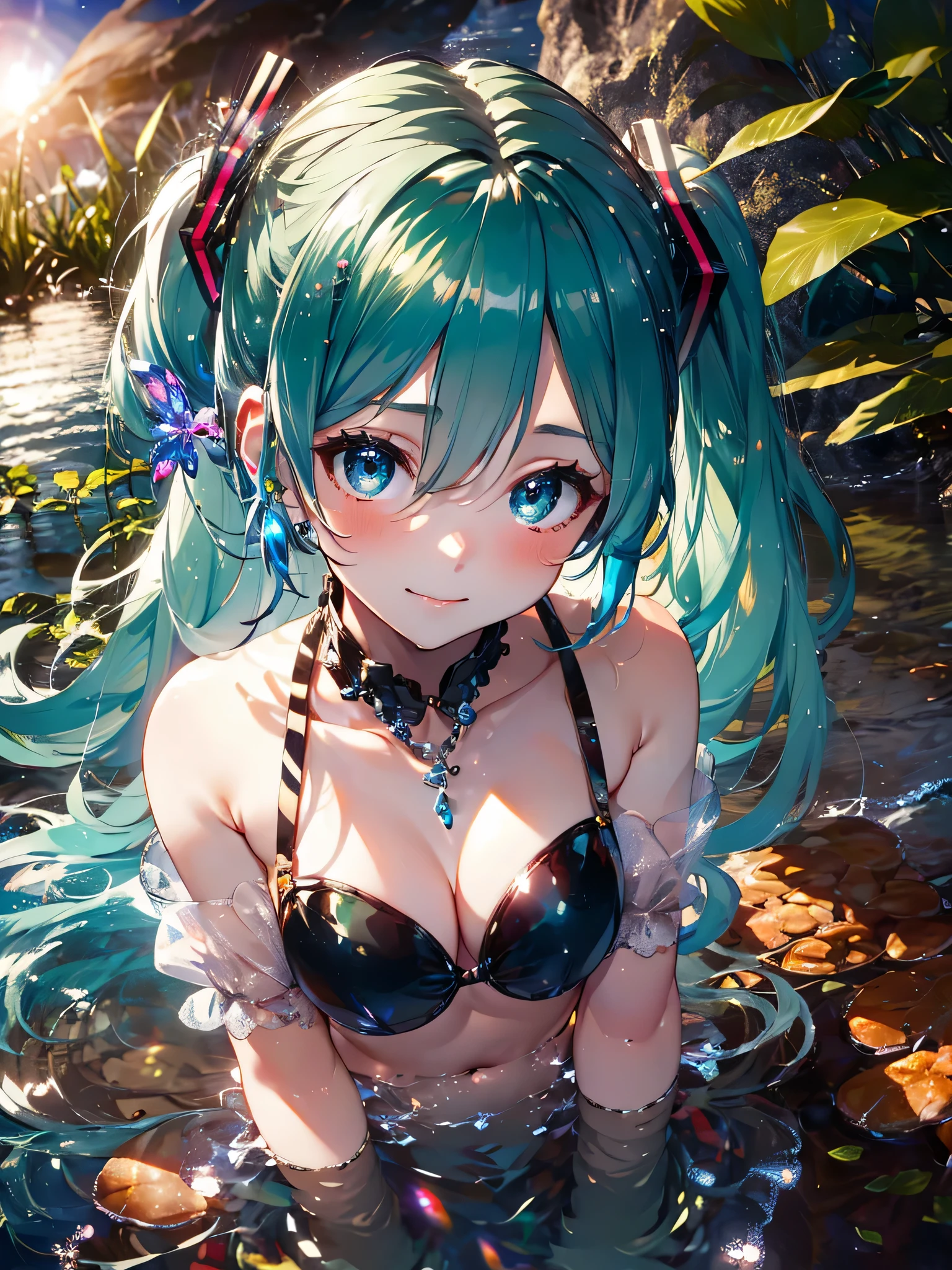 最high quality,table top,1 girl,(((hatsune miku))), Bright green eyes like jewels,green hair、double ponytail,, magical girl, Princess, adventurous girl, Are you okay, smile、nymphomaniac, high heel boots, gloves, zettai ryouiki, earrings, natural otaku, moonlight,under the moon,At night,full body shot、masterpiece, high quality, High resolution, alone、(masterpiece:1.6、最high quality), (Are you okay and beautiful eyes:1.2), 1 girl, Ocean、tropical beach、((green bikini))、perfect hands、blush、crossed legs,look up(masterpiece:1.6、最high quality), (Are you okay and beautiful eyes:1.2), 1 girl, Report、perfect hands,((Peeking out from directly below))、(((shoot from below)))、turn your arms behind your back、be quiet, From above,Lie,Ocean View、世界一の絶景なるOcean辺,Don'do not interrupt prompt。半分Oceanに入っている、Oceanを泳ぐ