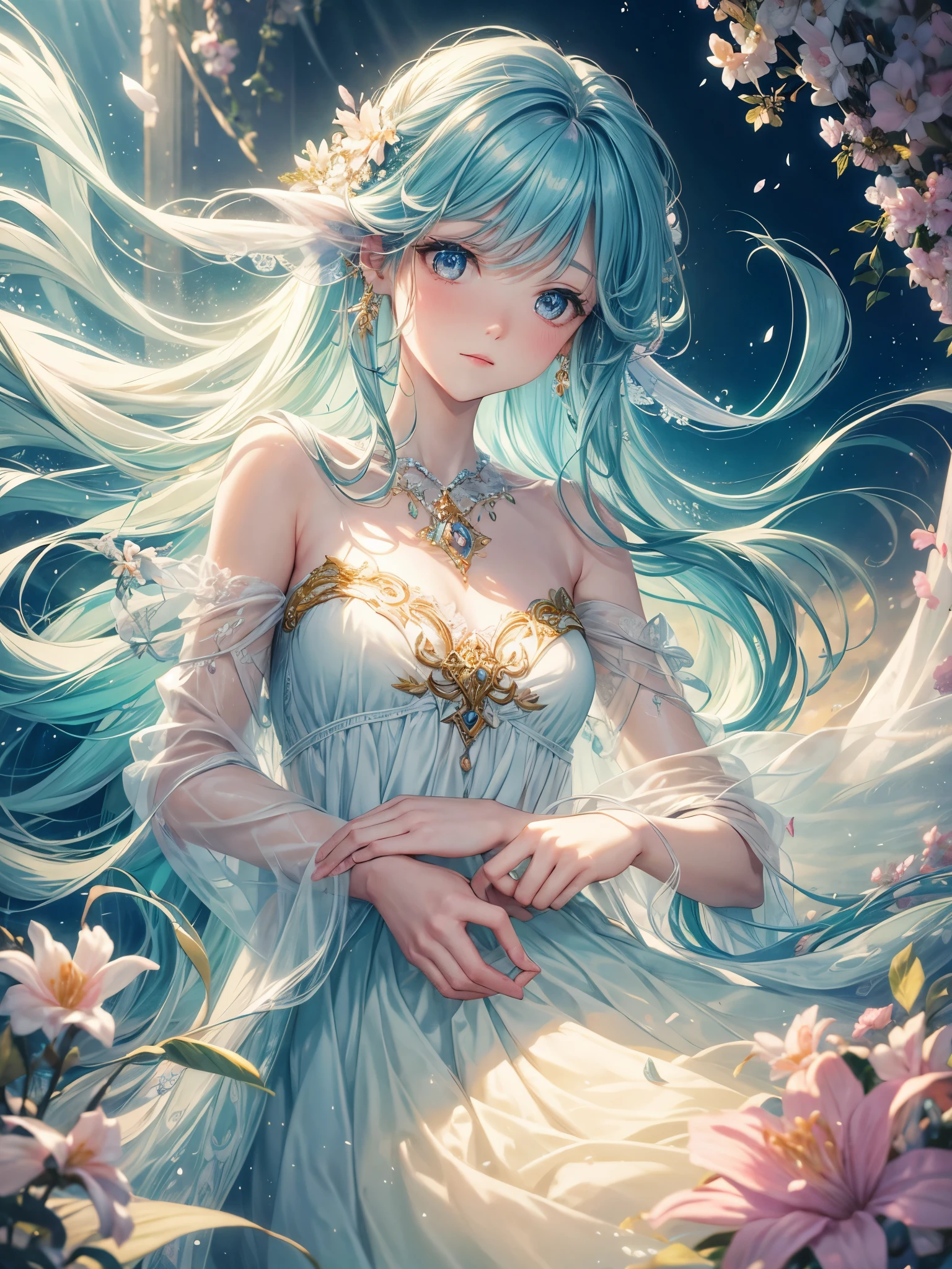 soft lighting, dreamy atmosphere, ethereal aesthetic, fantasy theme, nature elements, floral background, delicate details, flowing hair, whimsical pose, vibrant colors