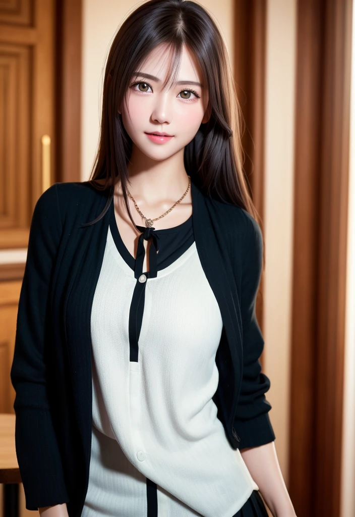8K, top quality, table top:1.2), (realistic, Photoreal:1.37), top quality, table top, beautiful young woman, pensive expression,、attractive、and an inviting look, white blouse、black jacket、black tight skirt、 tie hair back, movie background, Natural color lip for pale skin, bold sexy pose,smile、20 year old girl、cute、sexy shot looking at camera、stand、Take a picture of the whole body、Hotel、brightness of room lighting、necklace、bracelet、black eyes、high resolution、High definition、Super detailed、like the photo、