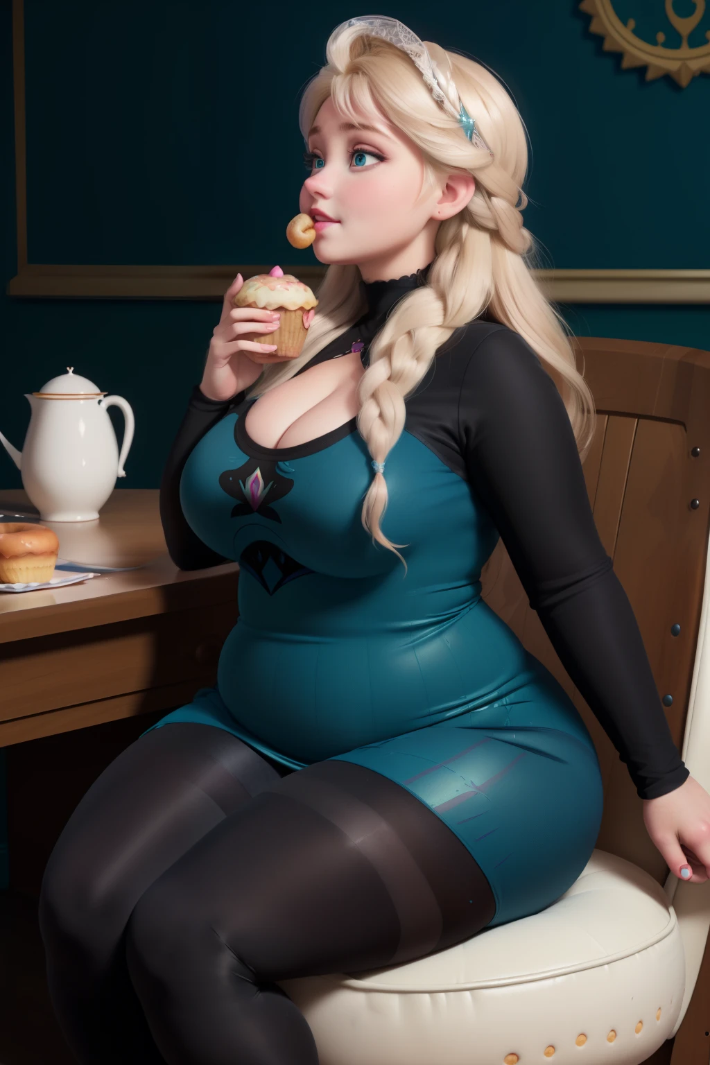 masterpiece, (photorealistic), (8k wallpaper) , (best quality), perfect quality, solo, (detailed eyes), girl, Elsa, eating donut, blonde hair, very beautiful, (side view), young, pose: ((side view), sitting on chair,  donut in arm, looking forward), face : (Elsa, small smile, young, very beautiful face, plump face, round face, double chin, plump cheeks, small smile, very beautiful, cute face, young, big eyes) , figure: ( very full body, very full figure, very thicc, very thick, very chubby, very chubby belly, chubby belly bottom, big deep navel, very soft, very curvy, love handles, fat rolls, belly rolls, overhanging belly, sexy curves, wide hips, sexy, muffin top, very thick thighs, thunder thighs) , clothes : (tight  teal dress, black tights)