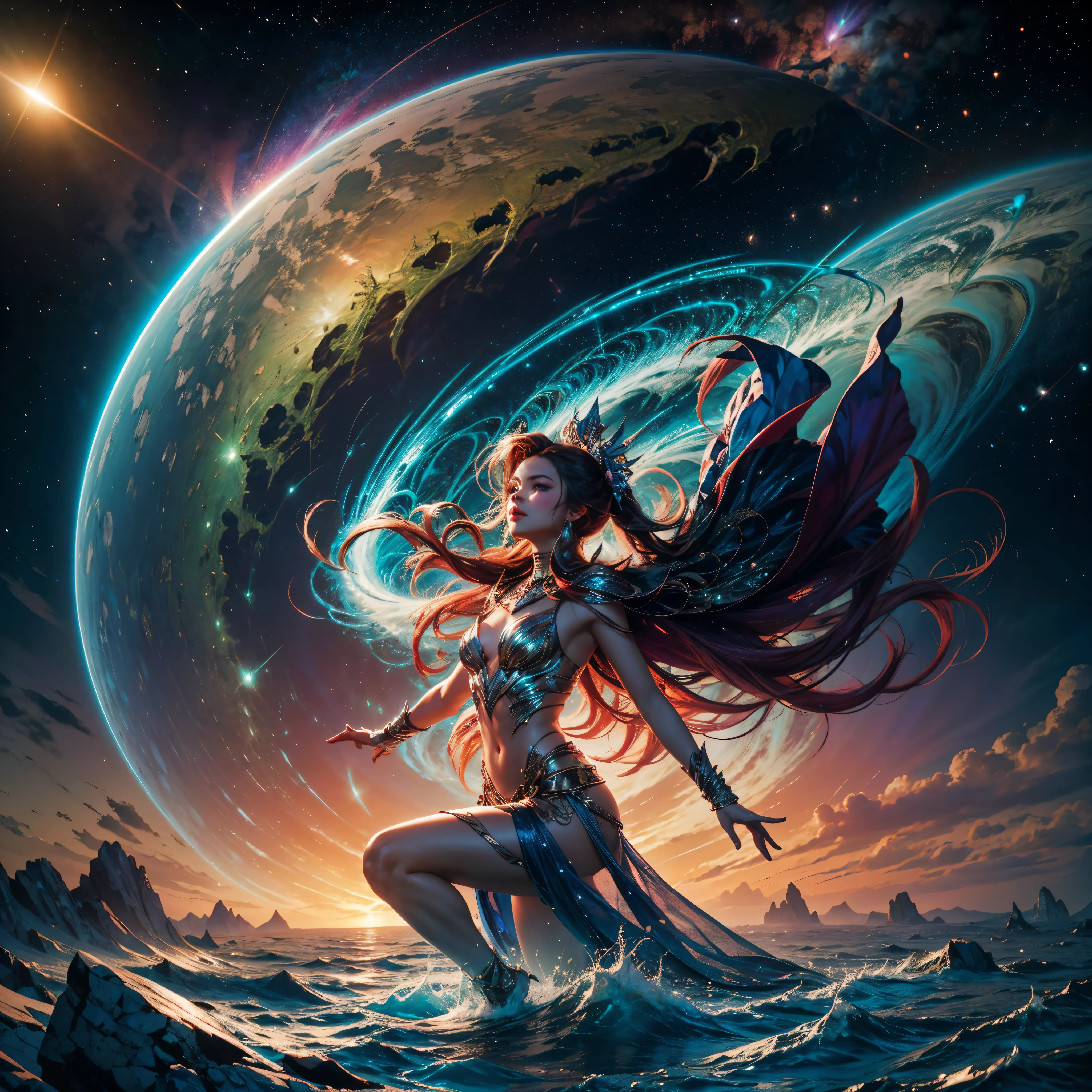 Vibrant Nebulae Octans by_Mappa ((Rain_Color Colorful_liquid_on_naked_body:1.3 Colorful_body Colorful_ink_on_hair:1.2 sunset Rainbow Abundant_colorful_liquids White_liquid fullbodye wet_Color_liquid)) In the vast expanse of the cosmos, a breathtaking image unfolds before your eyes. In the heart of a starry galaxy, vibrant nebula dance and swirl, their ethereal colors blending and intertwining. The scene is a symphony of cosmic beauty, with tendrils of interstellar dust and gas reaching out into the void. The stars shine with an otherworldly brilliance, illuminating the cosmic tapestry that stretches across the vastness of space. It is a visual feast for the senses, an awe-inspiring glimpse into the wonders of the universe. BREAK,Detailed,Realistic, highly detailed digital art,octane render, bioluminescent, BREAK,by Mappa studios,masterpiece,best quality,official art,illustration,ligne claire,(cool_color),perfect composition,absurdres, fantasy,focused,rule of thirds masterpiece meticulously intricate ultra_high-details extreme improved ultra_high-quality ultra_high-res ultra_photo-realistic optimal ultra_sharpness perfection accurate volumetric SunLight Lightning_contrast global_illumination cgi vfx sfx reflex Octane_rendered ultra_high-def UHD XT3 DSLR HDR romm rgb pbr 3dcg fxaa blu-ray vivid colors-coded anti-aliasing fkaa txaa rtx ssao opengl-shaders glsl-shaders post-processing post-production cell-shading tone-mapping ❤luminescence Heart glow hearth Crystalline earth varies multi etc. --s 1000 --c 20 --q 20 --chaos 100