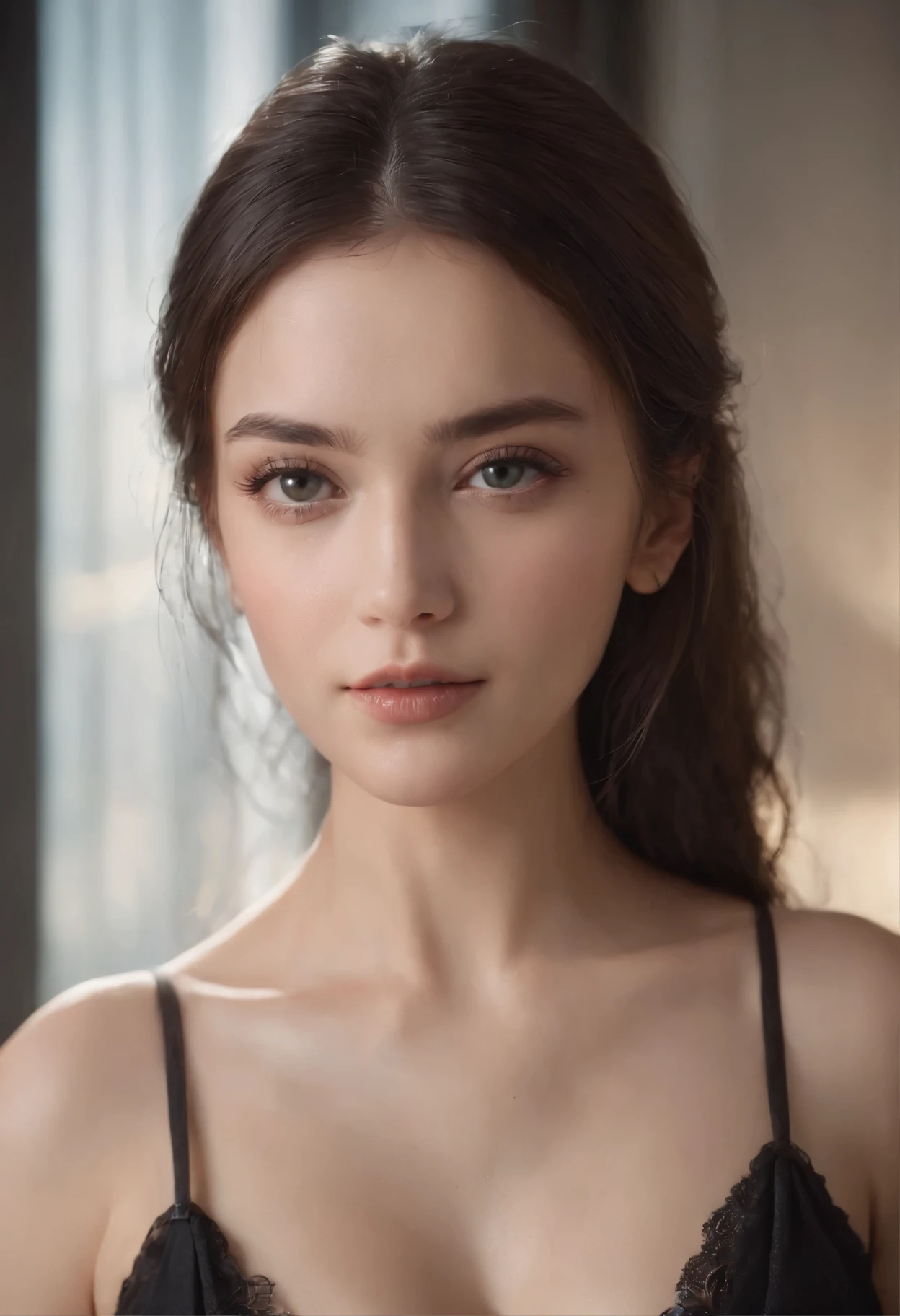 color photograph, close-up, ((a realistic photo of a beautiful girl)), (milalc), light, ((glowy skin)), looking_at_viewer, (fit body:1.0), ((large breasts)), long hair, detailed illustration, masterpiece, high quality, realistic, very detailed face, freckles, black hair, blue eyes, black shirt