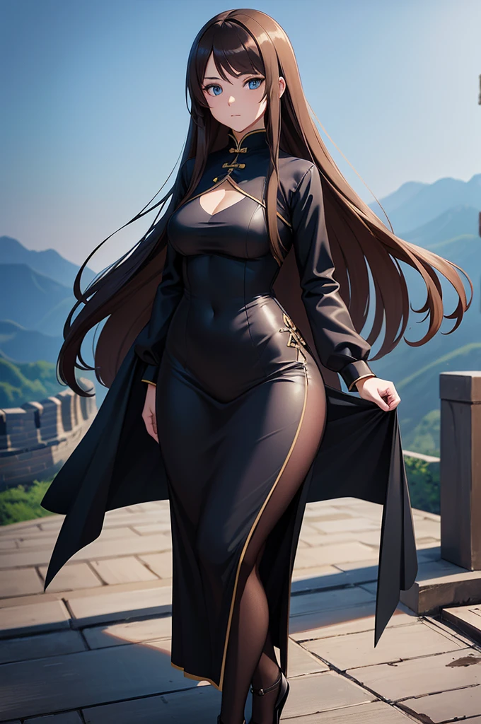 one Rebecca wearing black clothes, long light brown hair, blue eyes, sexy hourglass figure, standing on The Great Wall of China, [ 4 k digital art ]!!, seductive anime girl, deviantart artstation cgscosiety, trending on cgstation, 8k high quality detailed art, photorealistic anime girl render, kawaii hq render, commission for high res, thicc