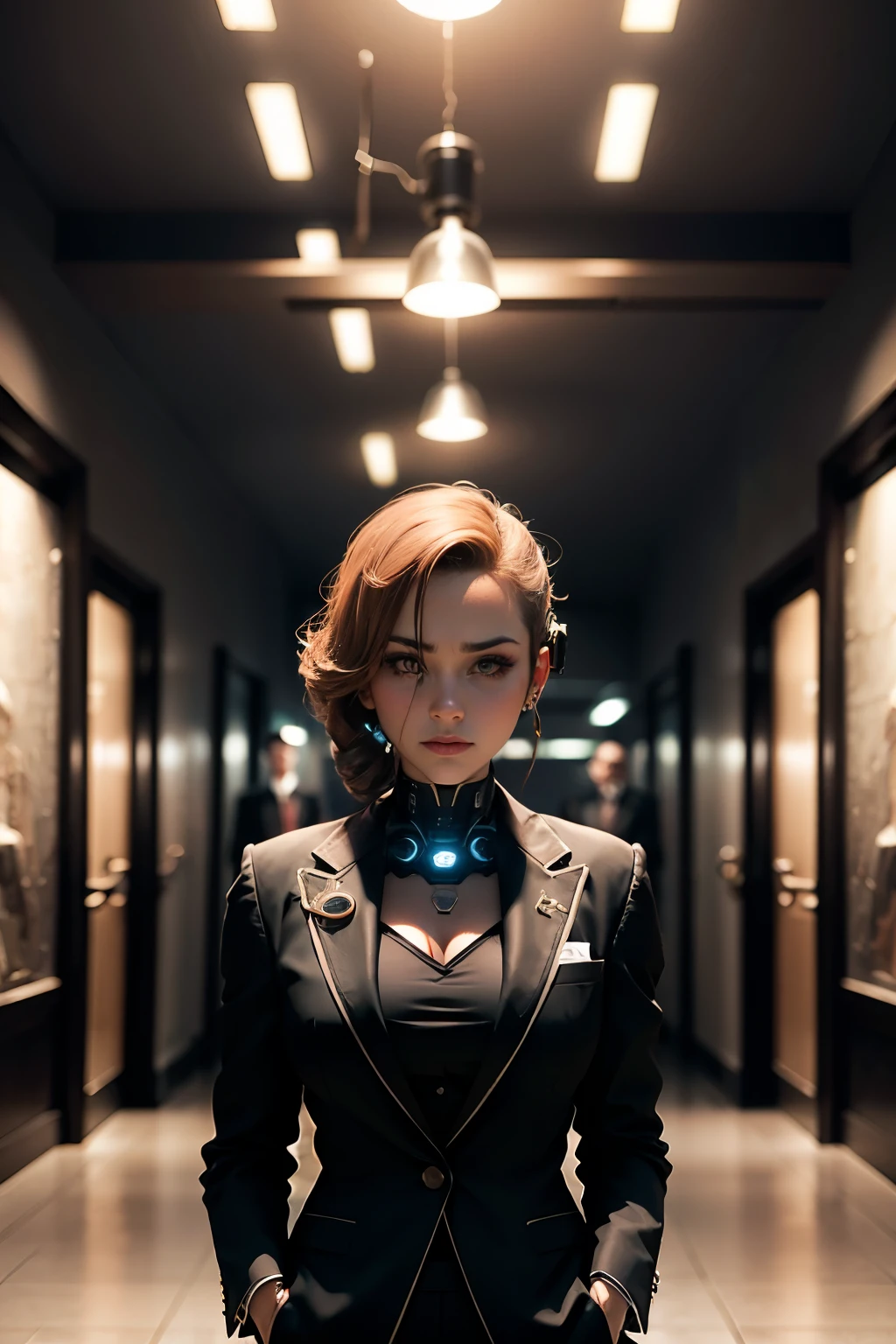 Limda mulher com (human head wearing black suit | cyborg head wearing black suit:1.2), parte superior do corpo, HDR , cinematic lighting