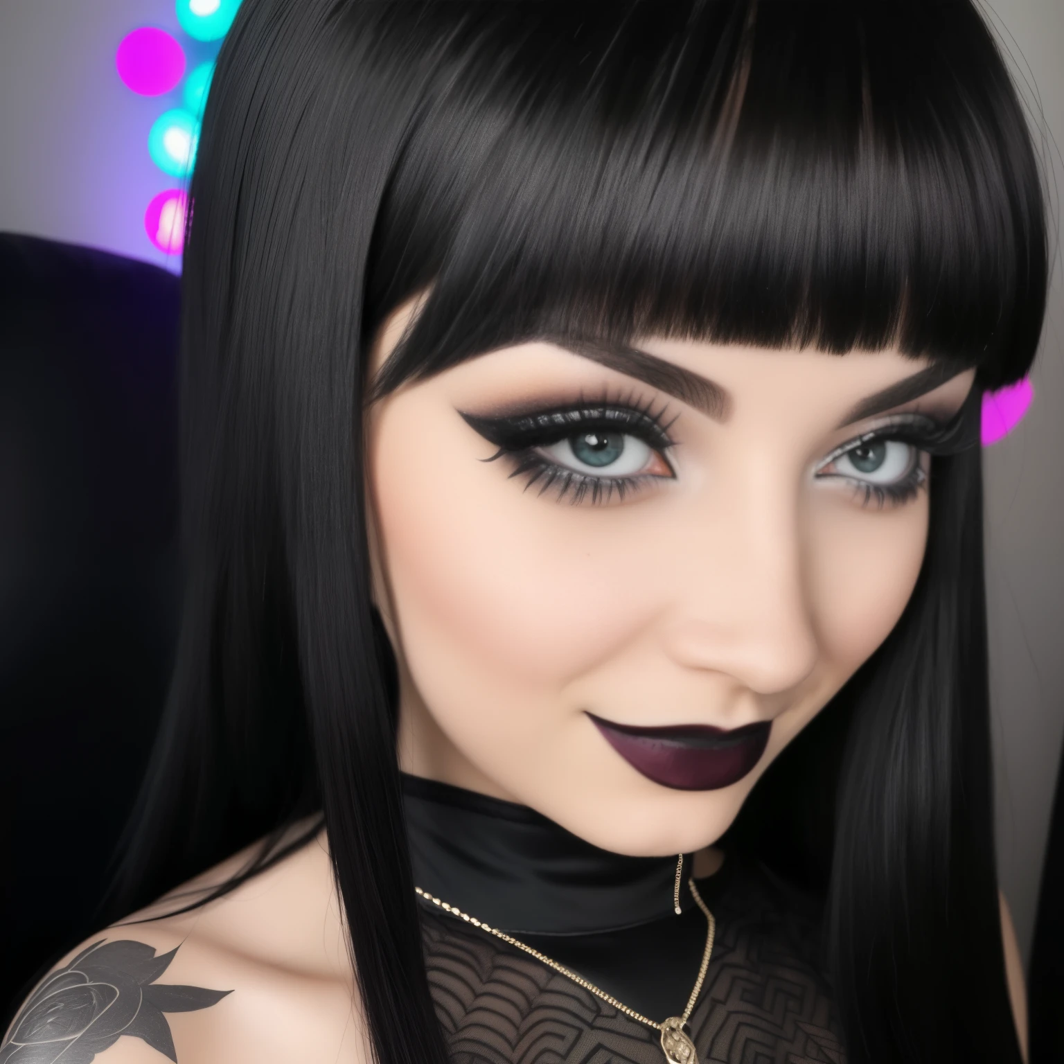 a girl with a little smile, she has black middle hair, portait, high detailed skin, super realistic,  22 - year - old goth girl, goth girl aesthetic, selfie, room with gamer lights, darkwave goth aesthetic, dark aesthetic, goth aesthetic, gothic horror vibes, 22 - year - old realistic goth girl, black lipstick, pale goth beauty, goth girl, featured on instagram, she has black hair, wink at camera
