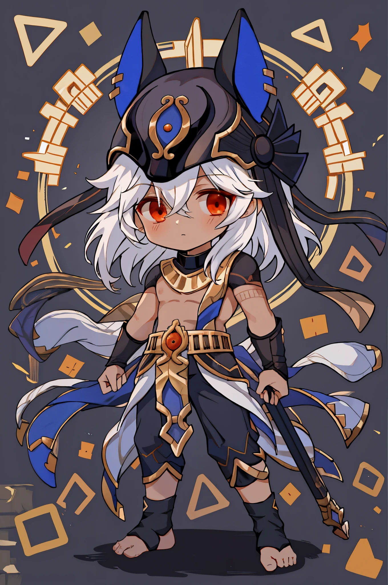 1 male chibi boy solo, ((chibi)), long white hair, red eyes, dark tanned skin, cyno genshin impact, bare chest, golden accessories, dark pants, black fingerless gloves, head mask hat jackal